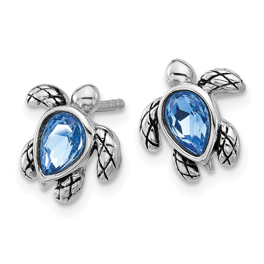 QE17796SEP Sterling Silver Rhodium-plated Polished Antiqued Blue Crystal September Birthstone Turtle Earrings