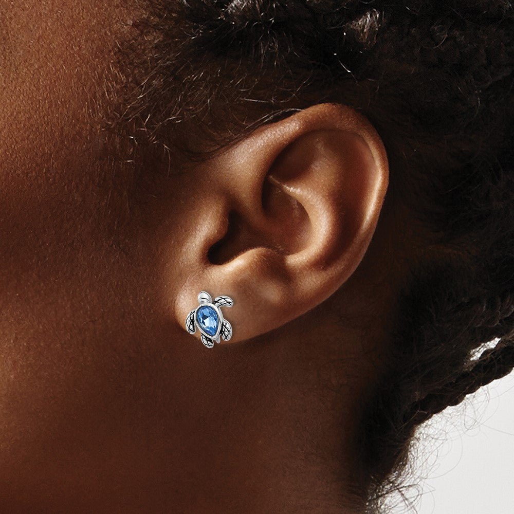 QE17796SEP Sterling Silver Rhodium-plated Polished Antiqued Blue Crystal September Birthstone Turtle Earrings