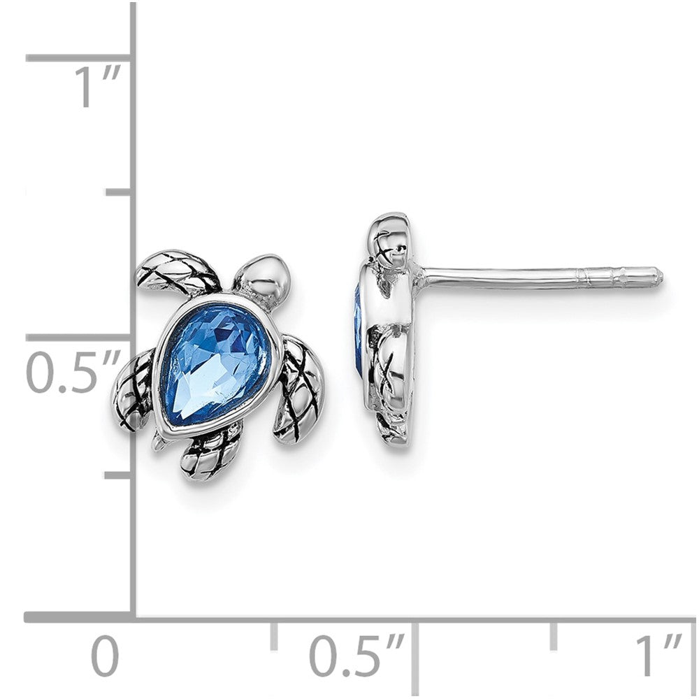 QE17796SEP Sterling Silver Rhodium-plated Polished Antiqued Blue Crystal September Birthstone Turtle Earrings