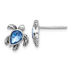 QE17796SEP Sterling Silver Rhodium-plated Polished Antiqued Blue Crystal September Birthstone Turtle Earrings