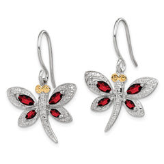 QE17797 Sterling Silver/14k RH-plated Garnet/Diamond Dragonfly Earrings