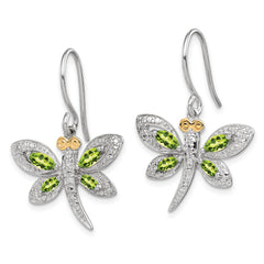QE17798 Sterling Silver/14k RH-plated Peridot/Diamond Dragonfly Earrings