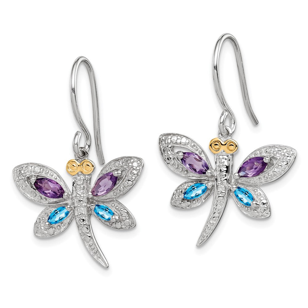 QE17799 Sterling Silver/14k RH-plated Amethyst/Bl Topaz/Diamond Dragonfly Earrings