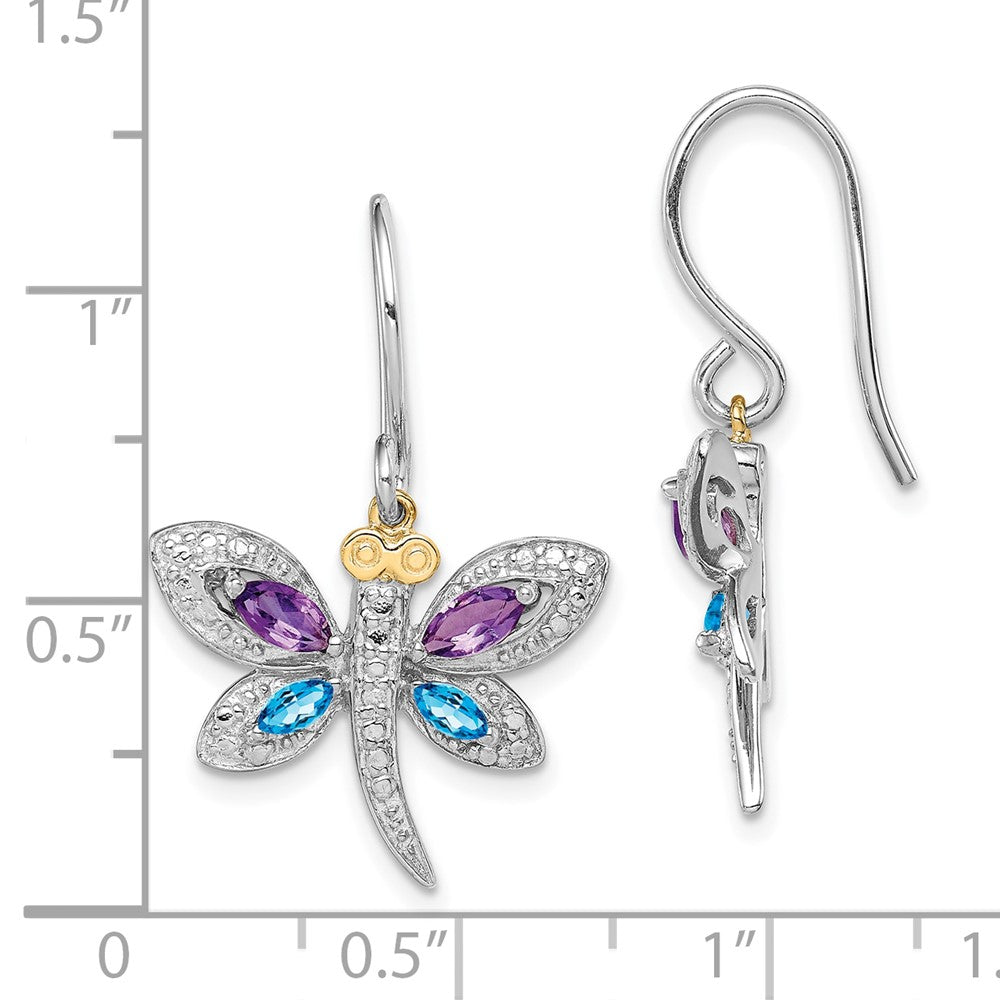 QE17799 Sterling Silver/14k RH-plated Amethyst/Bl Topaz/Diamond Dragonfly Earrings