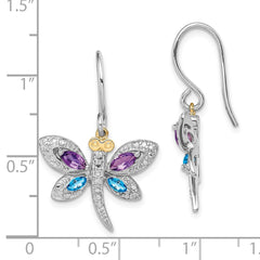 QE17799 Sterling Silver/14k RH-plated Amethyst/Bl Topaz/Diamond Dragonfly Earrings