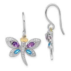 QE17799 Sterling Silver/14k RH-plated Amethyst/Bl Topaz/Diamond Dragonfly Earrings