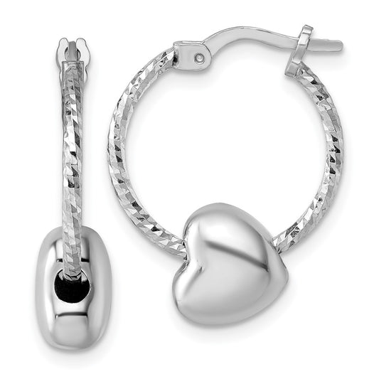 QE17800 Sterling Silver Rhodium-plated Twisted Diamond-cut with Puffed Heart Bead Hoop Earrings