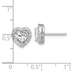 QE17801 Sterling Silver Rhodium-plated Polished 9.0mm Heart Halo CZ Post Earrings