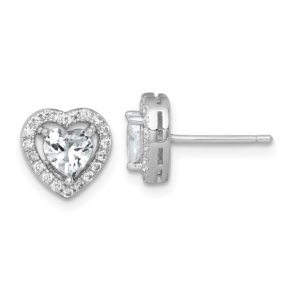 QE17801 Sterling Silver Rhodium-plated Polished 9.0mm Heart Halo CZ Post Earrings