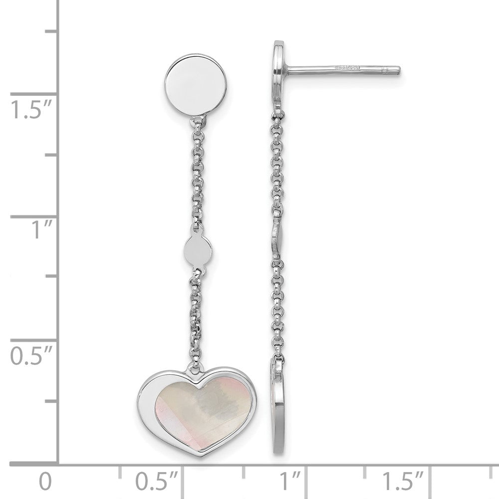 QE17803 Sterling Silver Rhodium-plated Mother of Pearl Heart and Chain Post Dangle Earrings