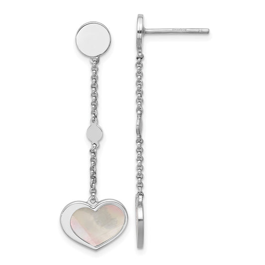 QE17803 Sterling Silver Rhodium-plated Mother of Pearl Heart and Chain Post Dangle Earrings