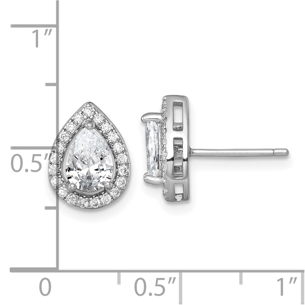 QE17805 Sterling Silver Rhodium-plated Polished 11.0 x 9.0mm Pear CZ Halo Teardrop Post Earrings