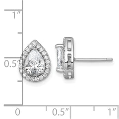 QE17805 Sterling Silver Rhodium-plated Polished 11.0 x 9.0mm Pear CZ Halo Teardrop Post Earrings