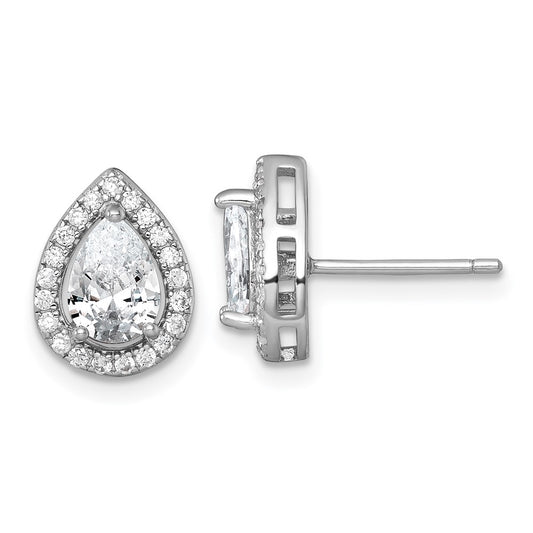 QE17805 Sterling Silver Rhodium-plated Polished 11.0 x 9.0mm Pear CZ Halo Teardrop Post Earrings