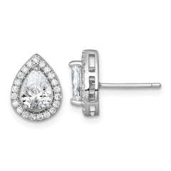 QE17805 Sterling Silver Rhodium-plated Polished 11.0 x 9.0mm Pear CZ Halo Teardrop Post Earrings