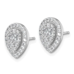 QE17806 Sterling Silver Rhodium-plated Polished Fancy CZ Teardrop Halo Post Earrings