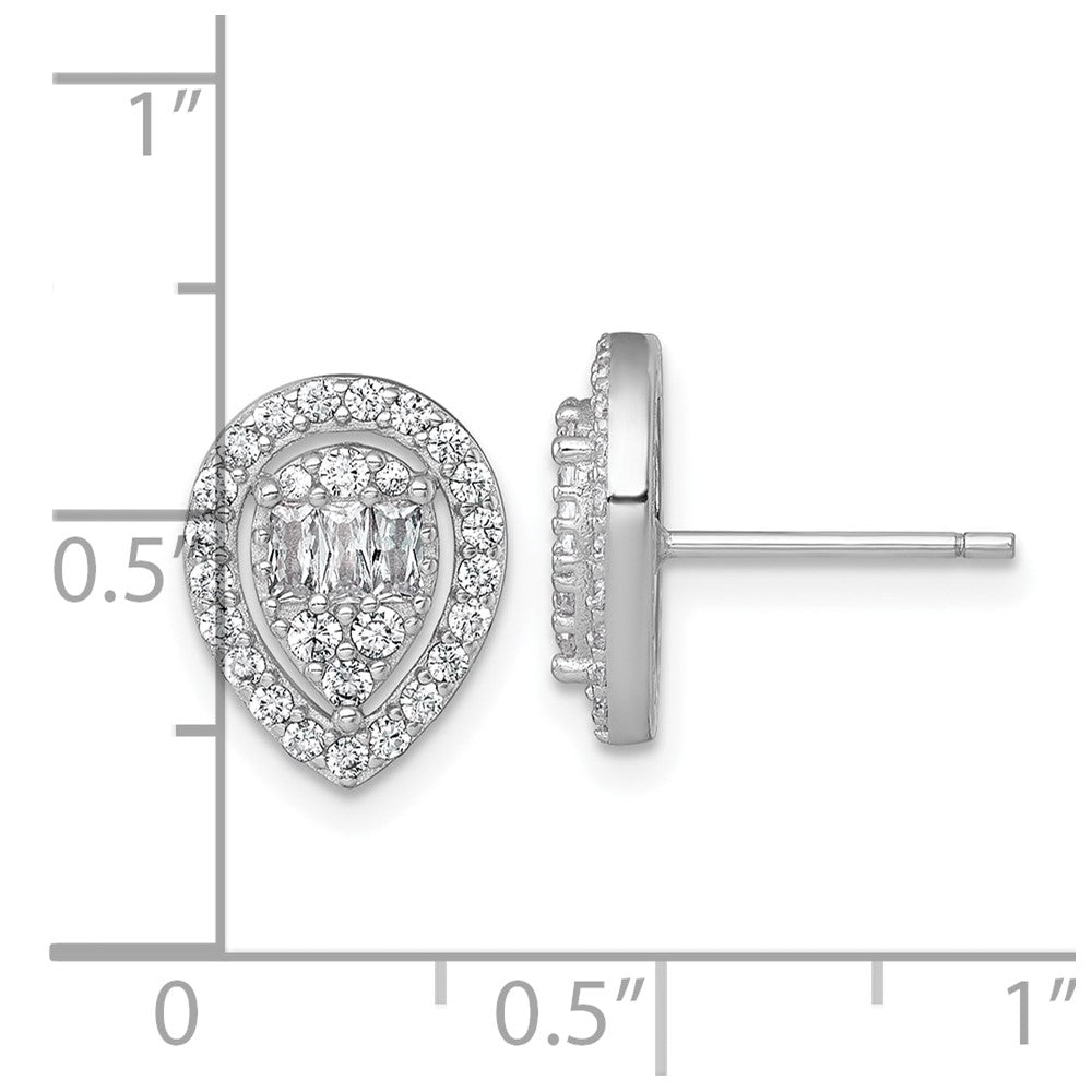 QE17806 Sterling Silver Rhodium-plated Polished Fancy CZ Teardrop Halo Post Earrings