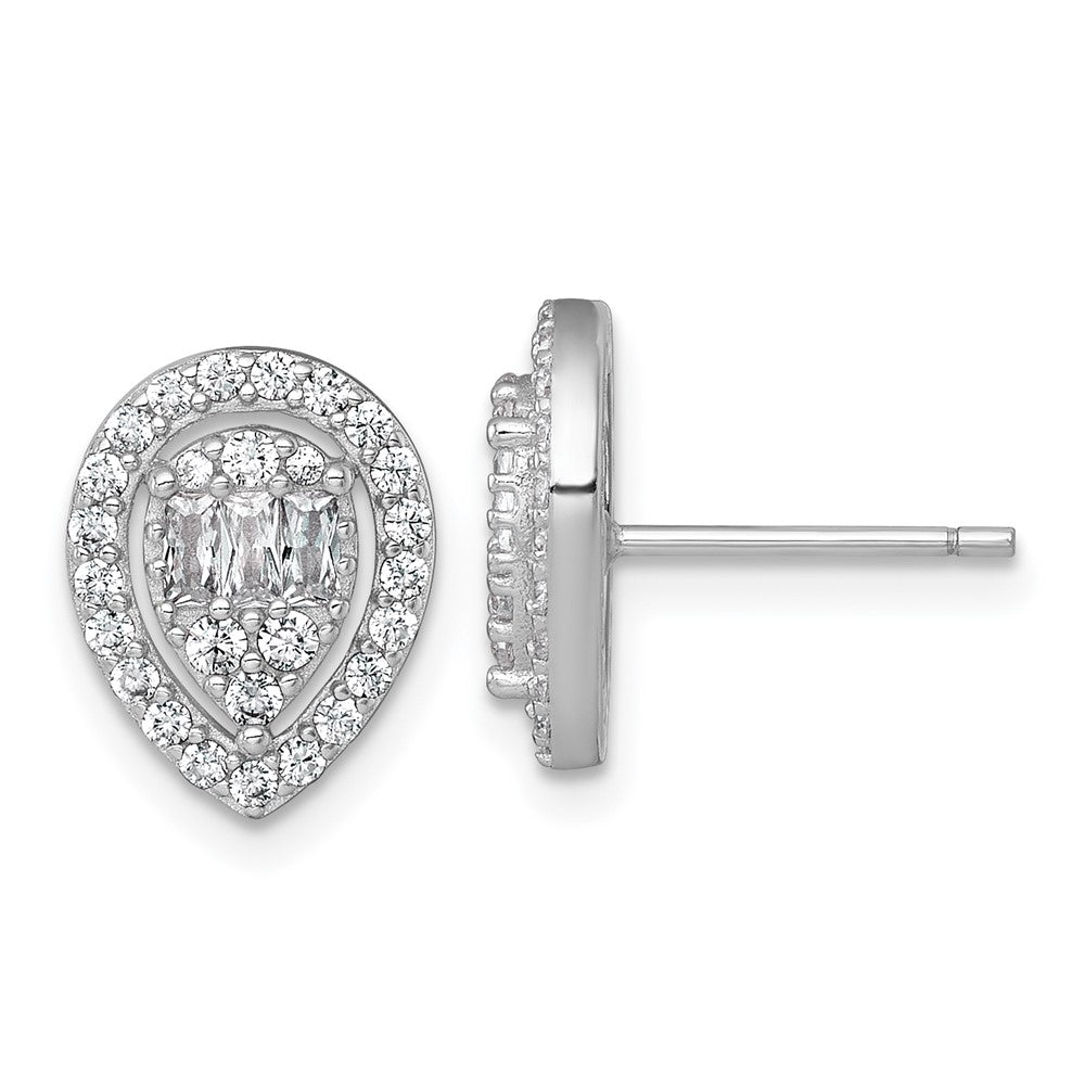 QE17806 Sterling Silver Rhodium-plated Polished Fancy CZ Teardrop Halo Post Earrings