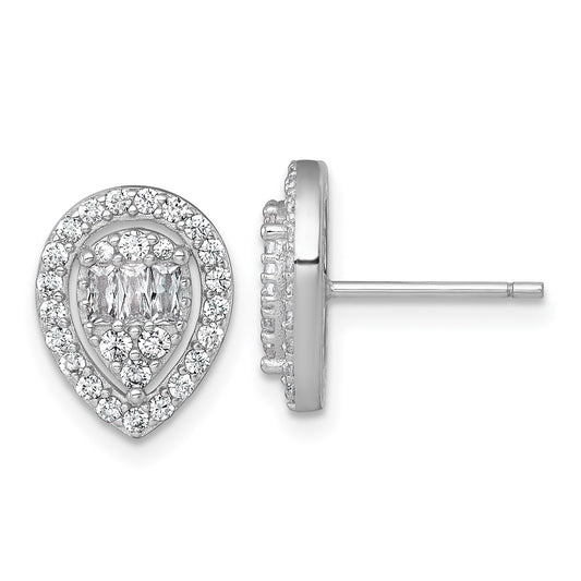 QE17806 Sterling Silver Rhodium-plated Polished Fancy CZ Teardrop Halo Post Earrings