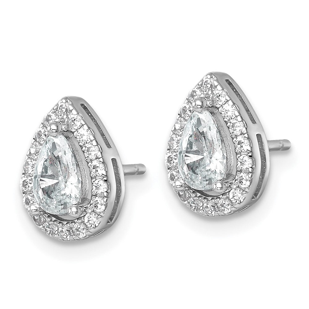 QE17808 Sterling Silver Rhodium-plated Polished 10.0 x 7.0mm Pear CZ Halo Teardrop Post Earrings