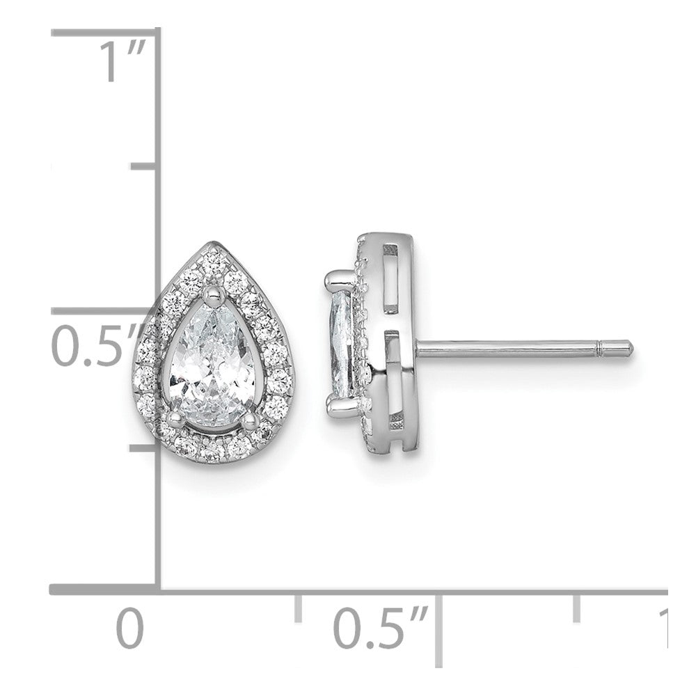 QE17808 Sterling Silver Rhodium-plated Polished 10.0 x 7.0mm Pear CZ Halo Teardrop Post Earrings