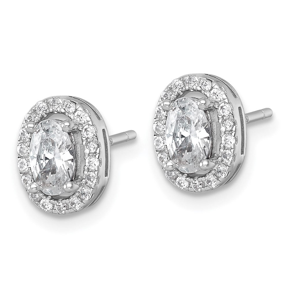 QE17809 Sterling Silver Rhodium-plated Polished 9.5 x 7.0mm Oval CZ Halo Post Earrings