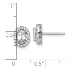 QE17809 Sterling Silver Rhodium-plated Polished 9.5 x 7.0mm Oval CZ Halo Post Earrings