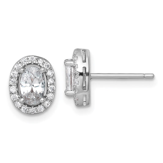 QE17809 Sterling Silver Rhodium-plated Polished 9.5 x 7.0mm Oval CZ Halo Post Earrings