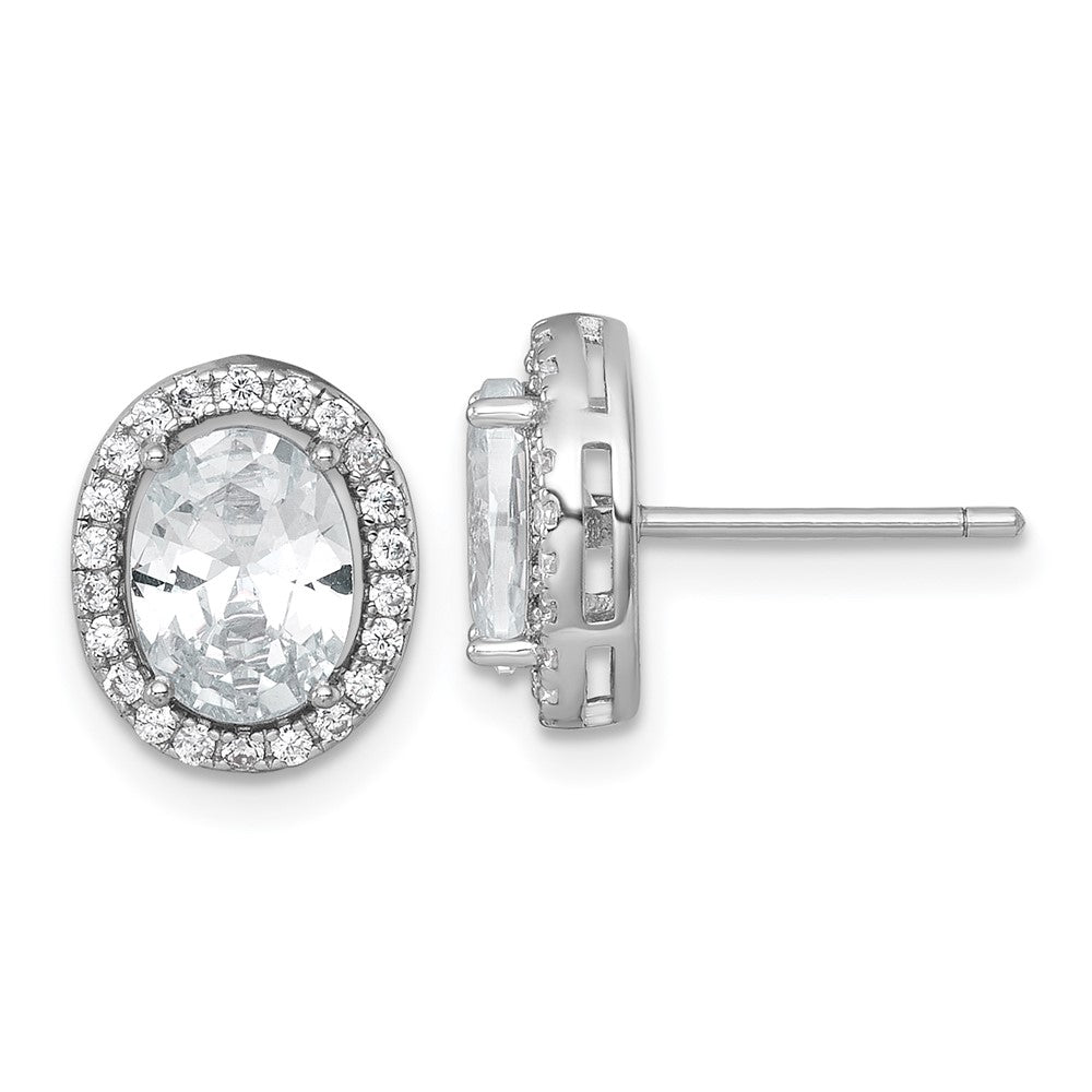 QE17810 Sterling Silver Rhodium-plated Polished 11.0 x 9.0mm Oval CZ Halo Post Earrings