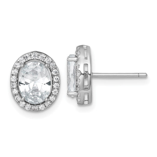QE17810 Sterling Silver Rhodium-plated Polished 11.0 x 9.0mm Oval CZ Halo Post Earrings