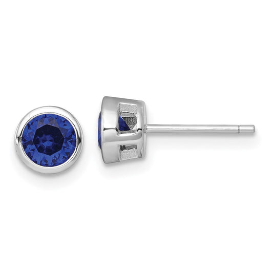 QE17814 Sterling Silver Rhodium-plated Polished Bezel Set 6.2mm Round Blue CZ Stud Earrings