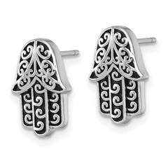 QE17816 Sterling Silver Rhodium-plated Polished and Oxidized Filigree Hamsa Post Earrings
