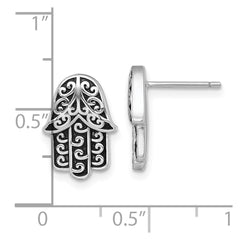 QE17816 Sterling Silver Rhodium-plated Polished and Oxidized Filigree Hamsa Post Earrings