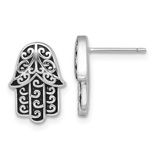 QE17816 Sterling Silver Rhodium-plated Polished and Oxidized Filigree Hamsa Post Earrings
