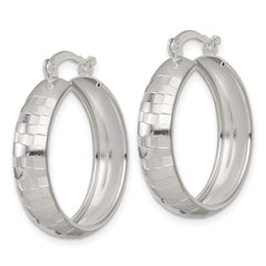 QE17822 Sterling Silver Polished Diamond-cut 25x6mm Round Hoop Earrings