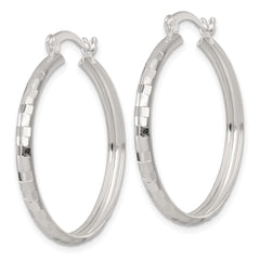 QE17829 Sterling Silver Polished Diamond-cut 30x3mm Round Hoop Earrings