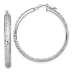 QE17833 Sterling Silver Rhodium-plated Polished and Diamond-cut 4.00 x 35mm Tube Hoop Earrings