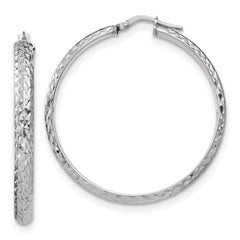 QE17834 Sterling Silver Rhodium-plated Polished and Diamond-cut 4.00 x 40mm Tube Hoop Earrings