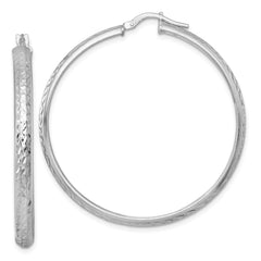 QE17835 Sterling Silver Rhodium-plated Polished and Diamond-cut 4.00 x 45mm Tube Hoop Earrings