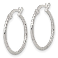 QE17837 Sterling Silver Polished Diamond-cut Textured 20x1.5mm Round Hoop Earrings