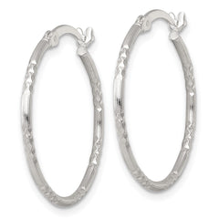QE17838 Sterling Silver Polished Diamond-cut Textured 25x1.5mm Round Hoop Earrings