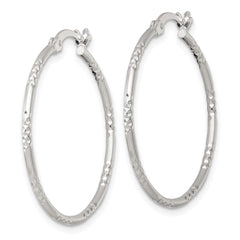 QE17839 Sterling Silver Polished Diamond-cut Textured 30x1.5mm Round Hoop Earrings