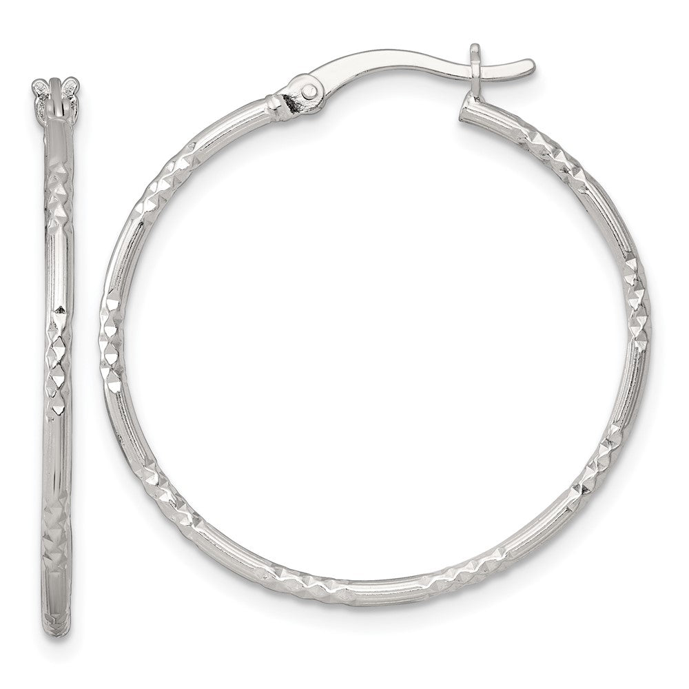QE17839 Sterling Silver Polished Diamond-cut Textured 30x1.5mm Round Hoop Earrings