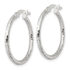 QE17841 Sterling Silver Polished Diamond-cut 25x2mm Round Hoop Earrings