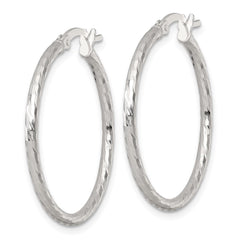 QE17842 Sterling Silver Polished Diamond-cut 30x2mm Round Hoop Earrings