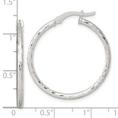 QE17842 Sterling Silver Polished Diamond-cut 30x2mm Round Hoop Earrings