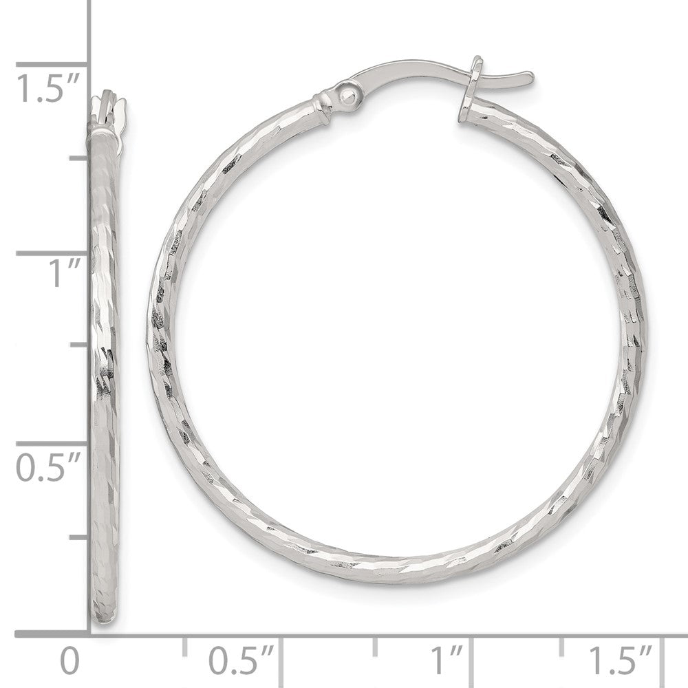 QE17843 Sterling Silver Polished Diamond-cut 35x2mm Round Hoop Earrings