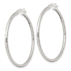 QE17844 Sterling Silver Polished Diamond-cut 40x2mm Round Hoop Earrings