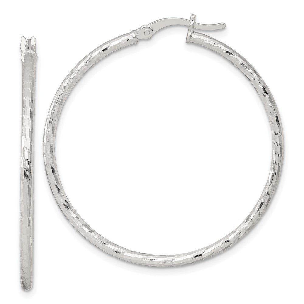 QE17844 Sterling Silver Polished Diamond-cut 40x2mm Round Hoop Earrings