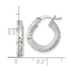 QE17845 Sterling Silver Polished Diamond-cut Textured 15x3.25mm Round Hoop Earrings